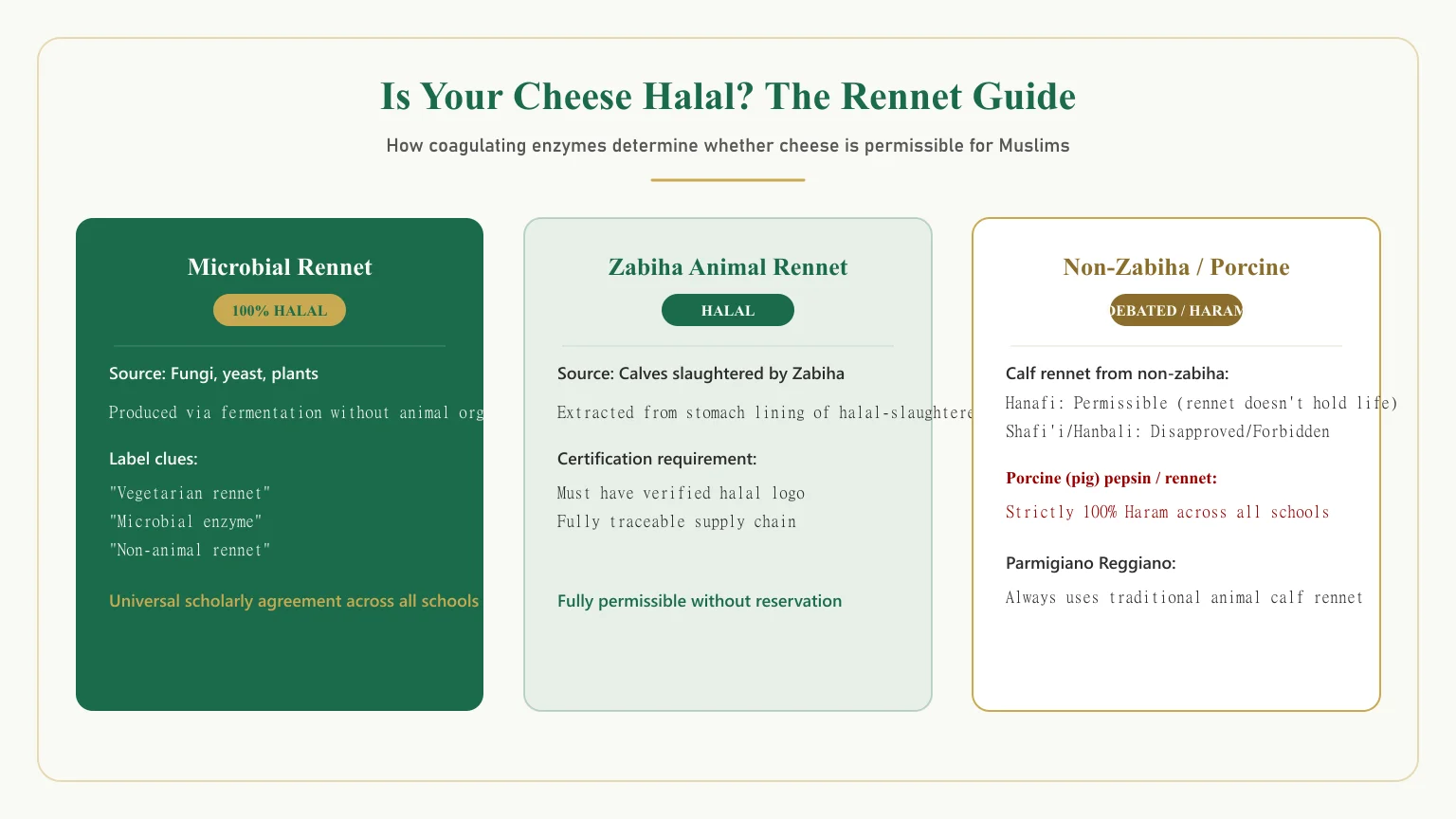 Halal cheese guide explaining microbial rennet, zabiha calf rennet, and commercial enzymes