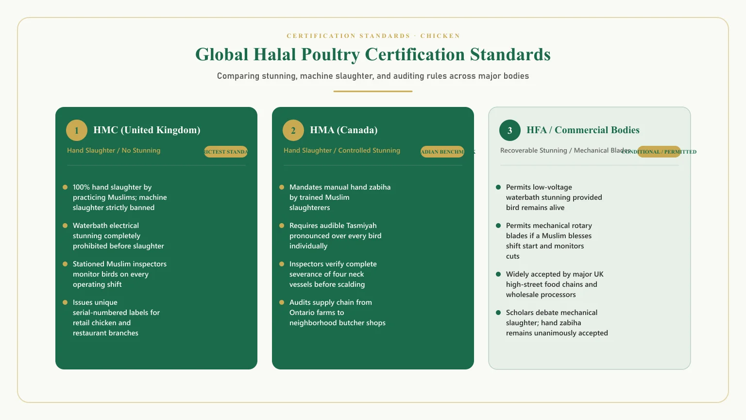 Is chicken halal: Halal chicken certification standards comparing HMC, HFA, and HMA protocols