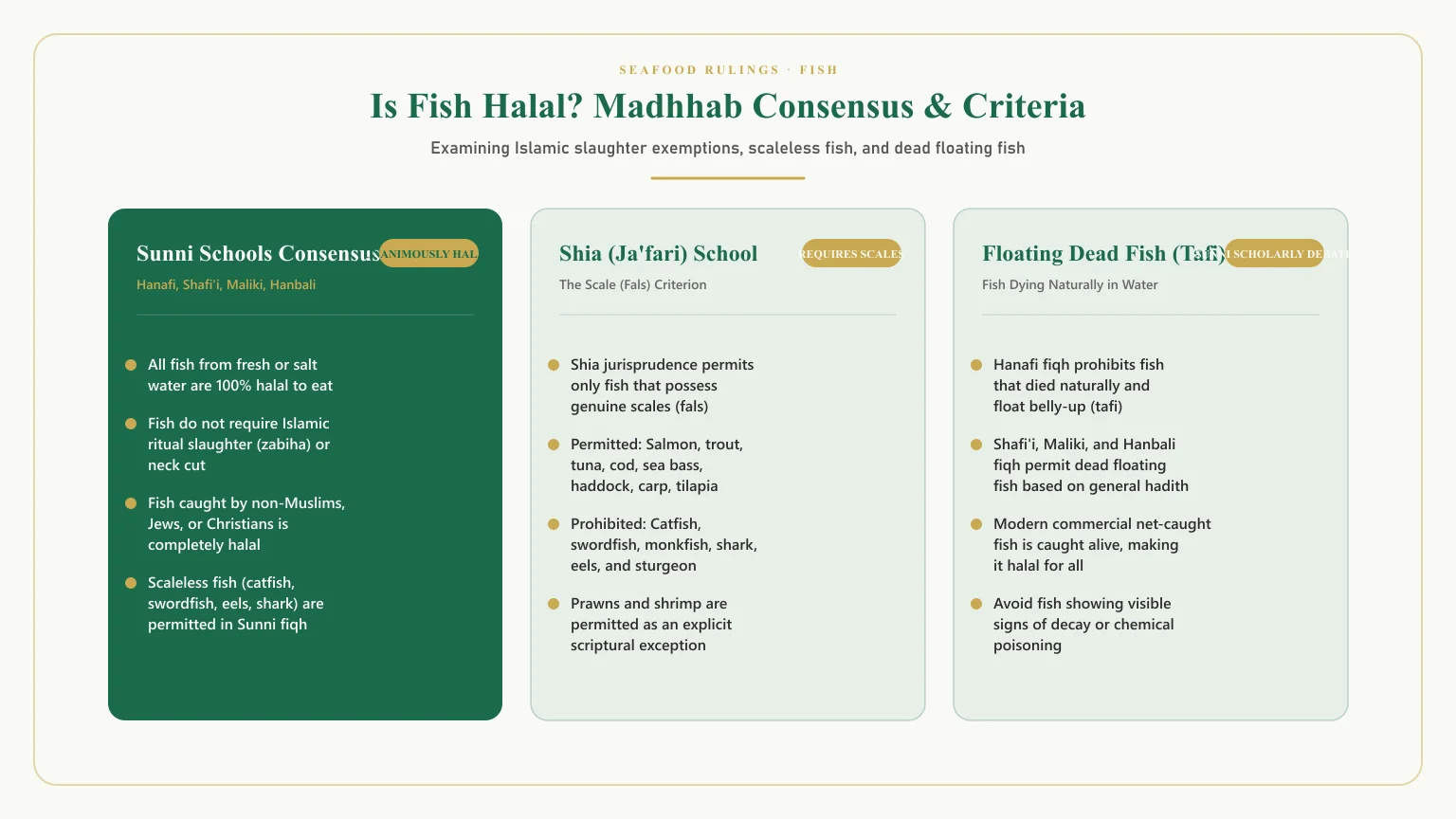 Is fish halal: Is all fish halal and are scaleless fish halal fiqh comparison matrix