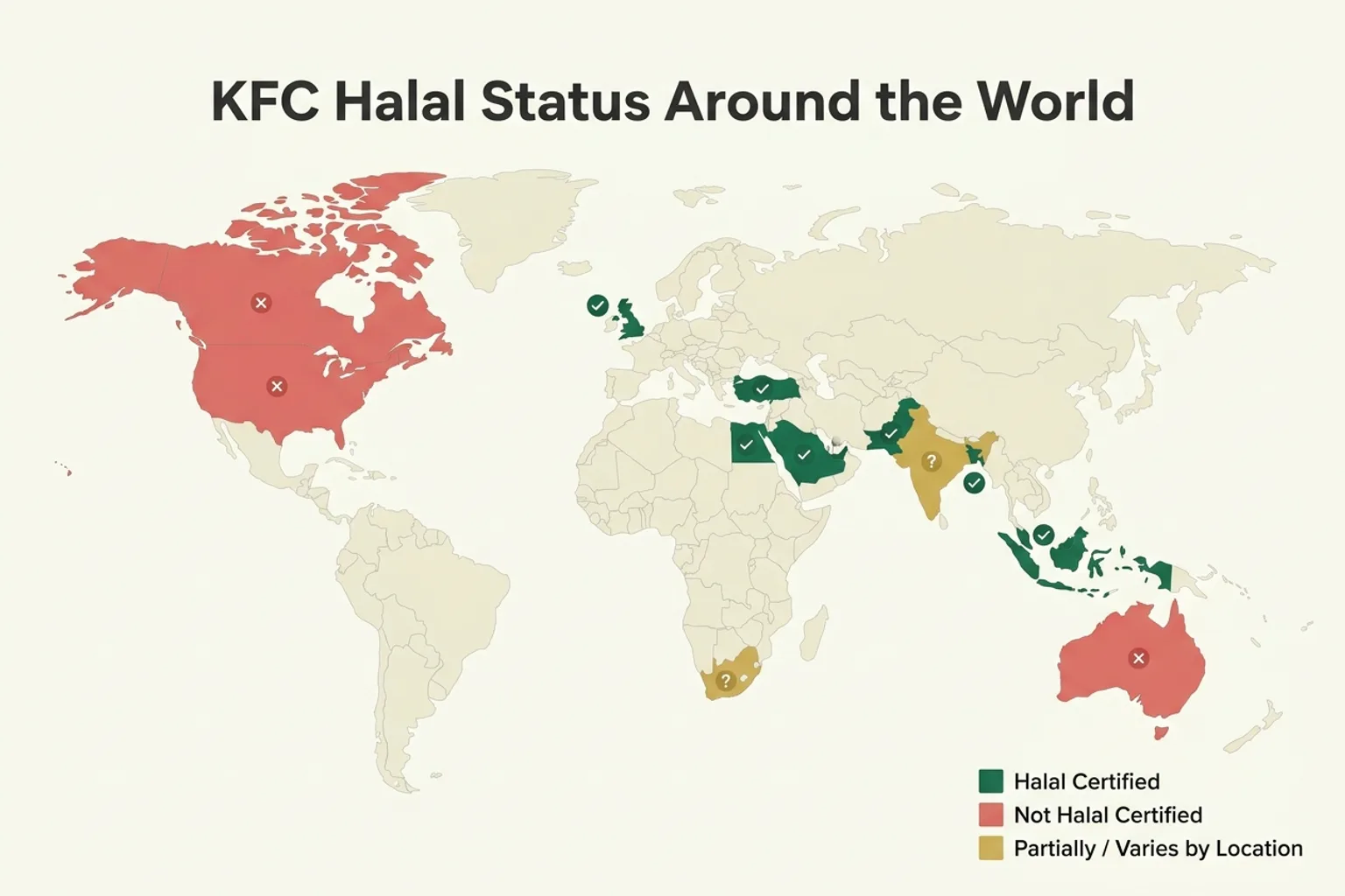 World map showing KFC halal certification status by country