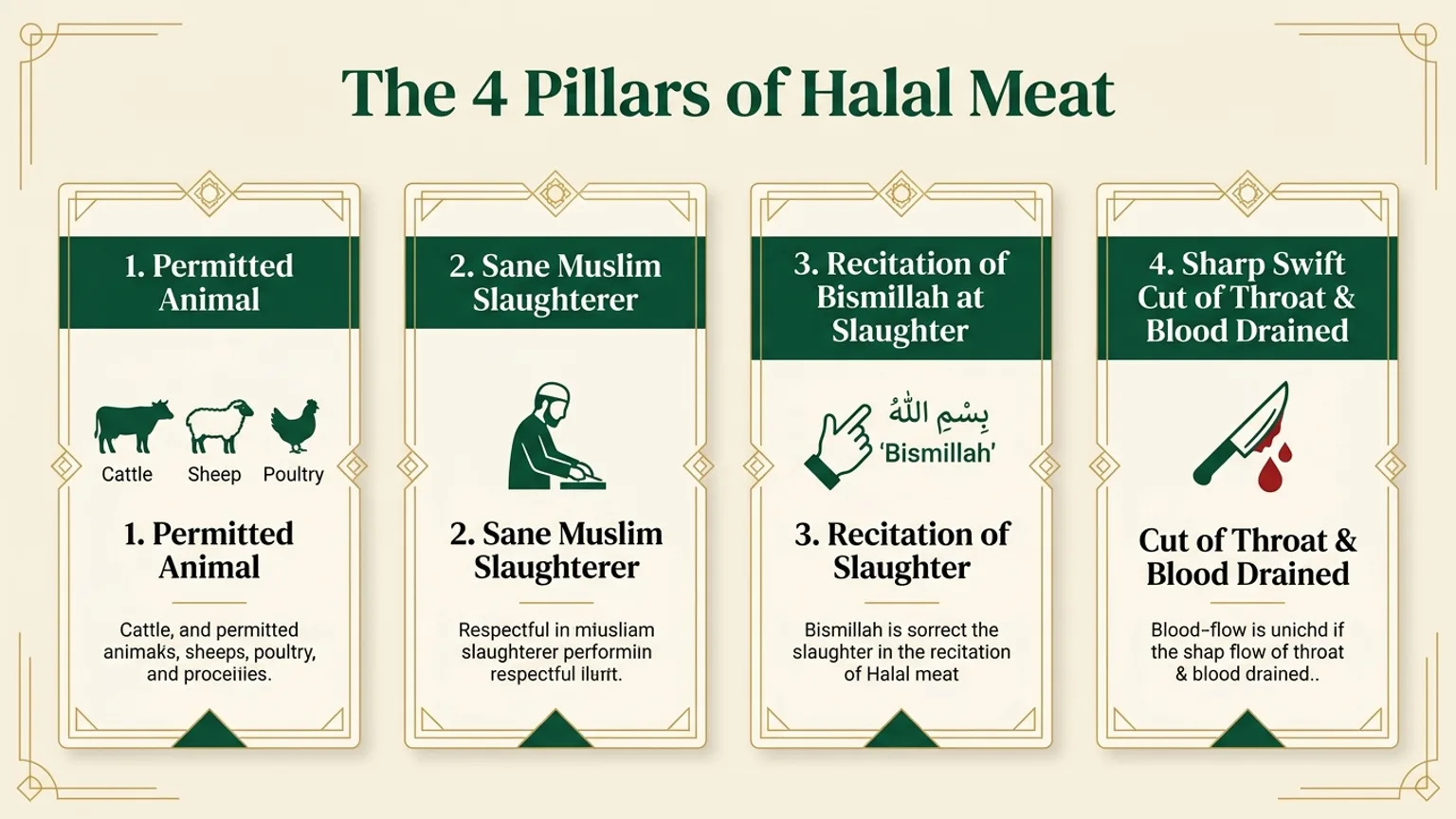 The 4 pillars of halal meat including permitted animal, Muslim slaughterer, Bismillah recitation, and swift cut