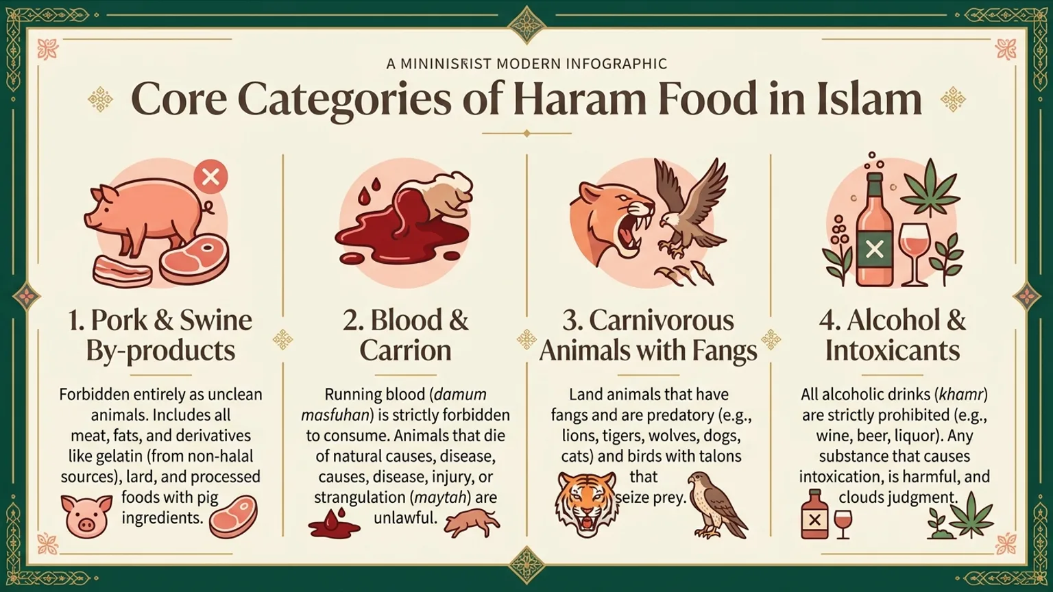 Core categories of haram food in Islam including pork, blood, carrion, carnivorous animals, and alcohol