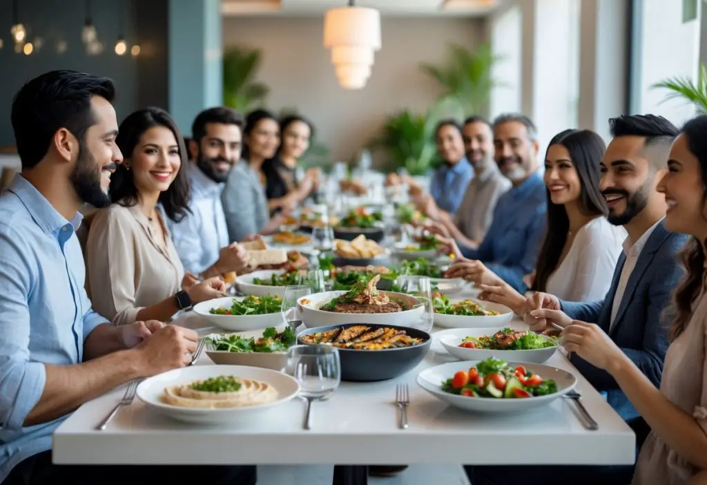 Is CAVA Halal? Unveiling the Hidden Truth 4 A group of people enjoying a Mediterranean meal together at a restaurant table with various dishes.